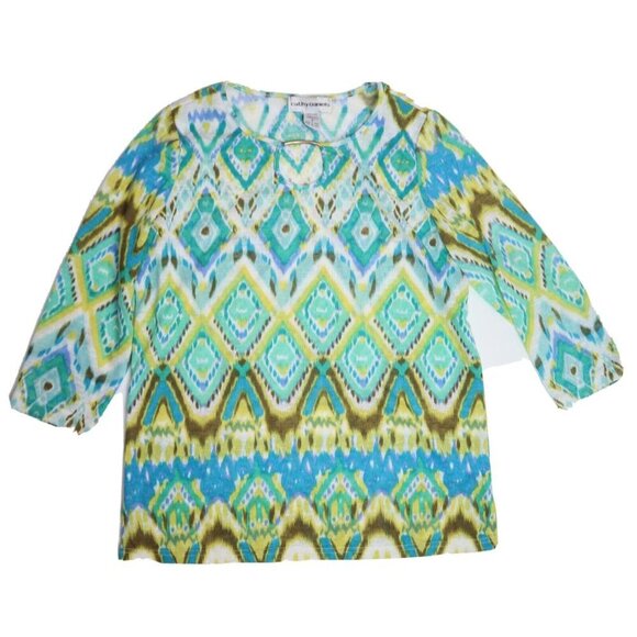 WOMEN'S GREEN & YELLOW PRINT STRETCH KNIT 3/4 SLEEVE BLOUSE - CATHY DANIELS - M - Picture 1 of 4